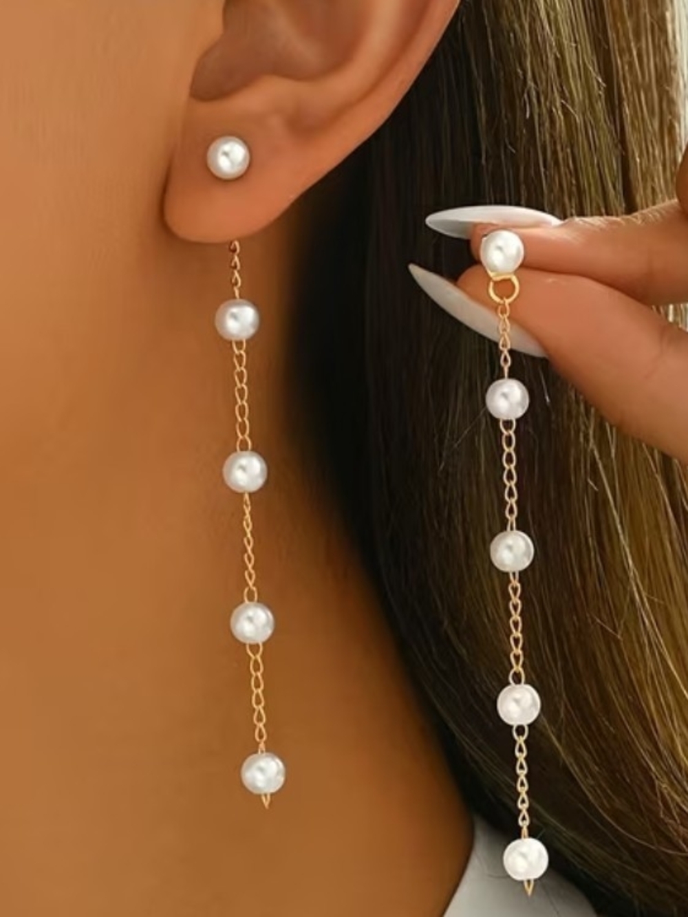 Pearl Drop Gold Chain Earrings - White Pearls
